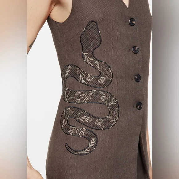 Gaia Linen Blend Snake Embroidered Longline Waistcoat - size US12/UK 16 - Picture 2 of 8